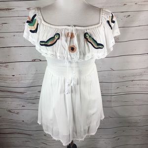 Boho On/Off Shoulder Top‎ W/Birds Lace Trim